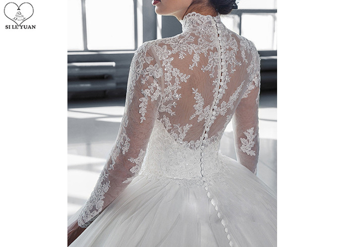 High Collar Long Sleeve Winter Wedding Dresses / Zipper Big Beaded Ball Gown