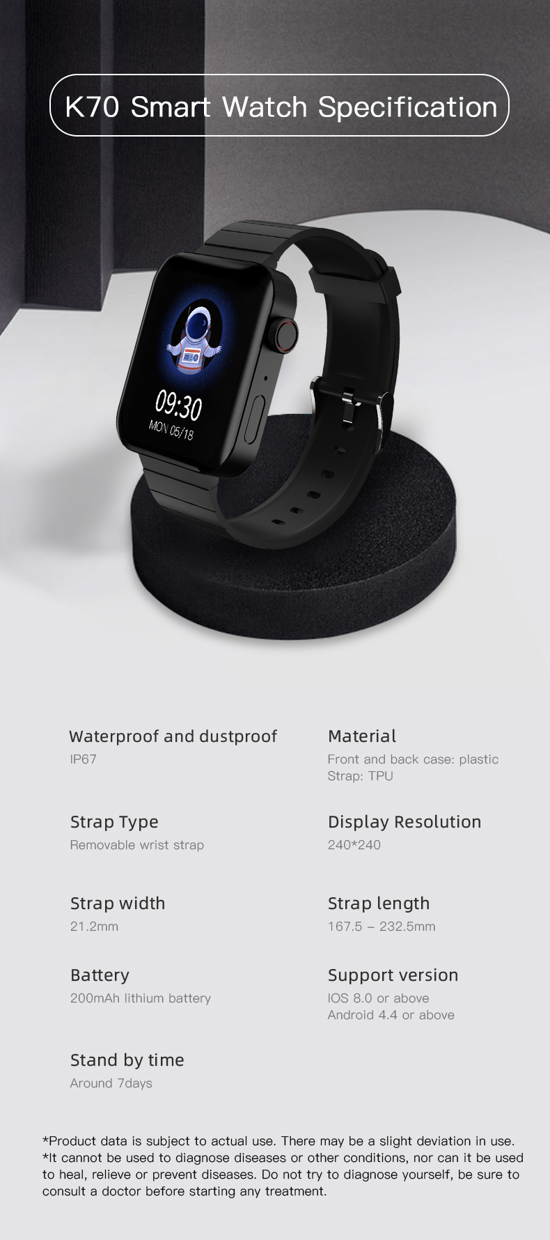 1.54 LCD HL70 Heart Rate Smartwatch For Android IOS Pedometer Health