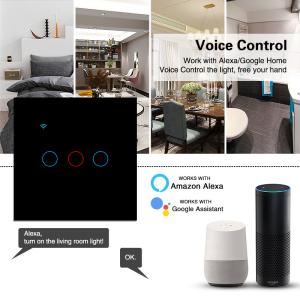 Quality European Standard Tuya Black Tempered Glass Smart Wall Mounted Wi Fi Switch Type 86 3 Gang Work With Alexa Voice wholesale