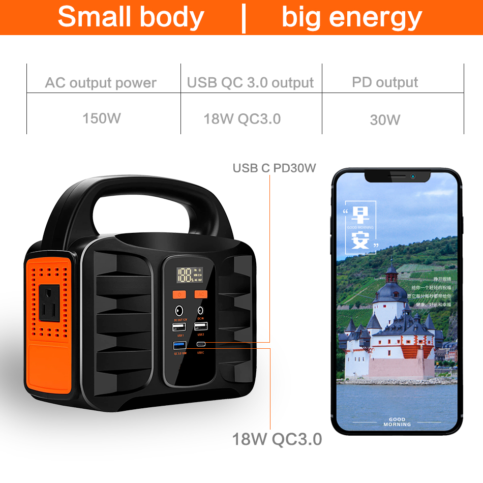 Portable Lithium Solar Generator Station For Camping Power Supply 150Wh