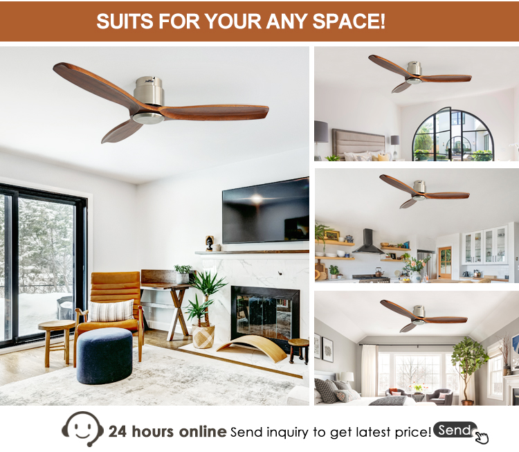 Modern 52" Low Profile DC Adjustable Wind Flush Mounted Ceiling Fan with Wood Blades