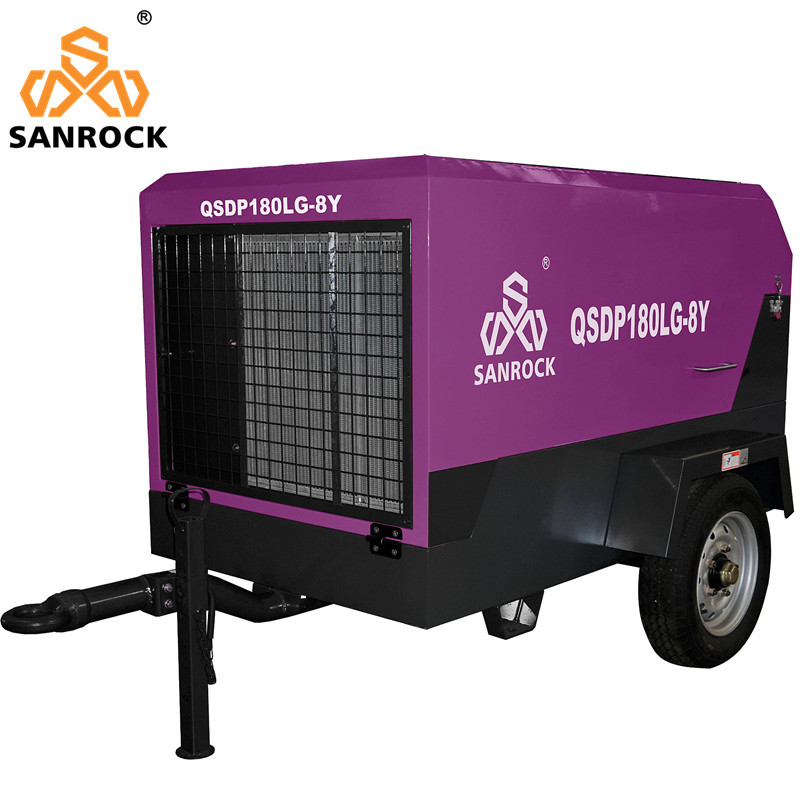 Water Well Drilling and Mining Portable Diesel Screw Air Compressor with 2 Wheels