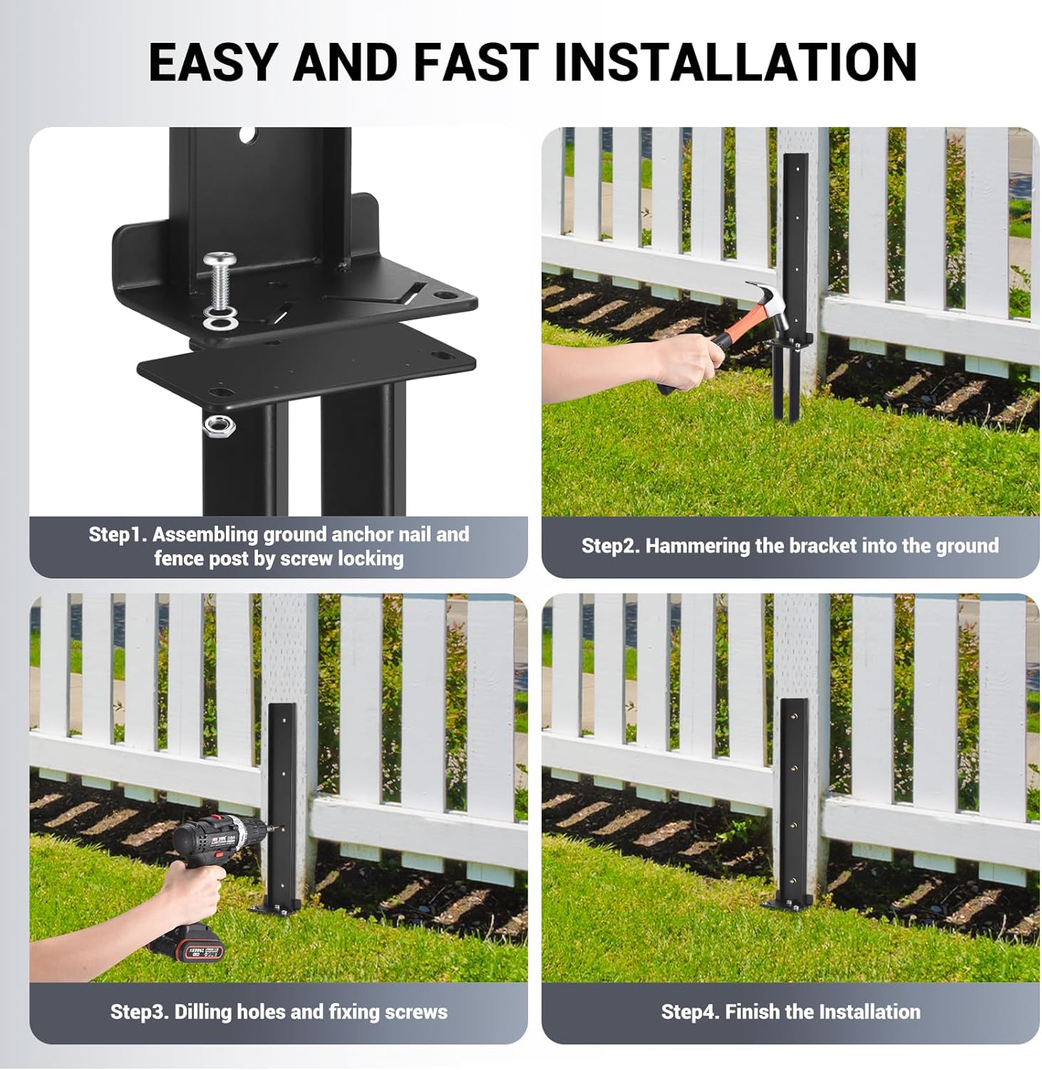 Fence Post Anchor Kit, Heavy Duty Steel Fence Post Repair Stakes, Fence Post Anchor Ground Spike