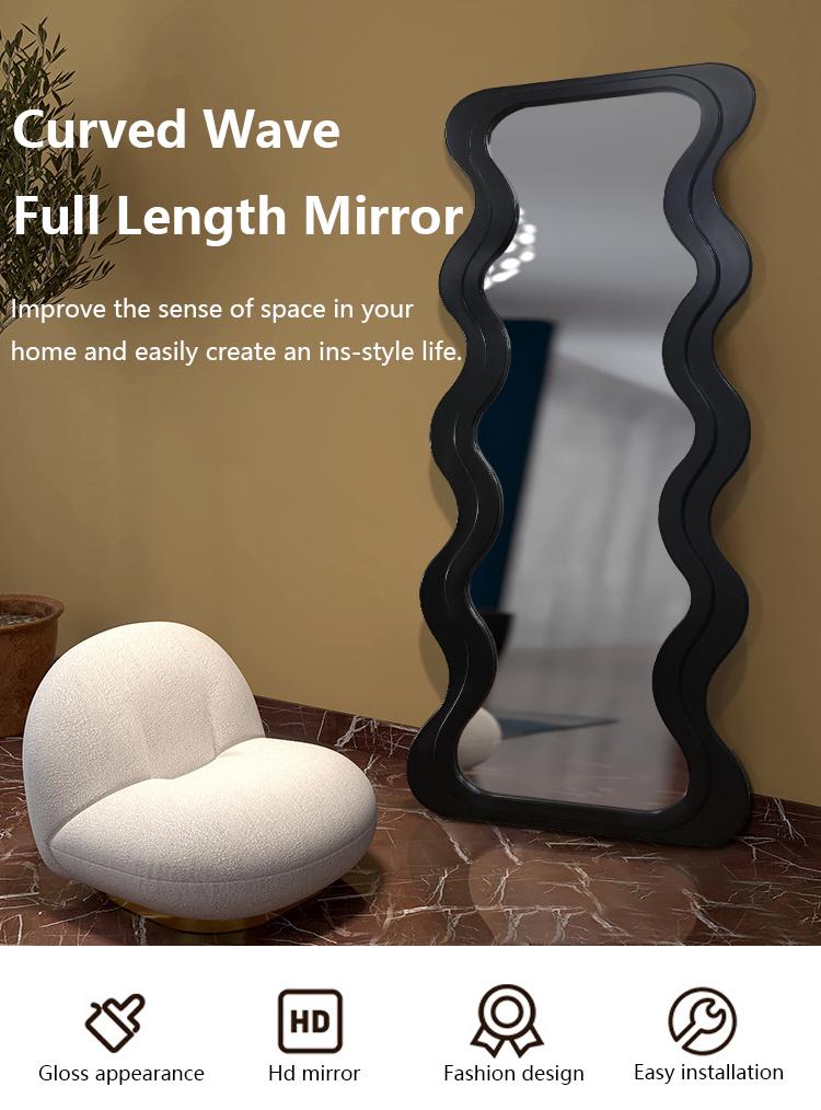 OEM Floor Wavy Standing Mirror Black Ornate Wooden Frame