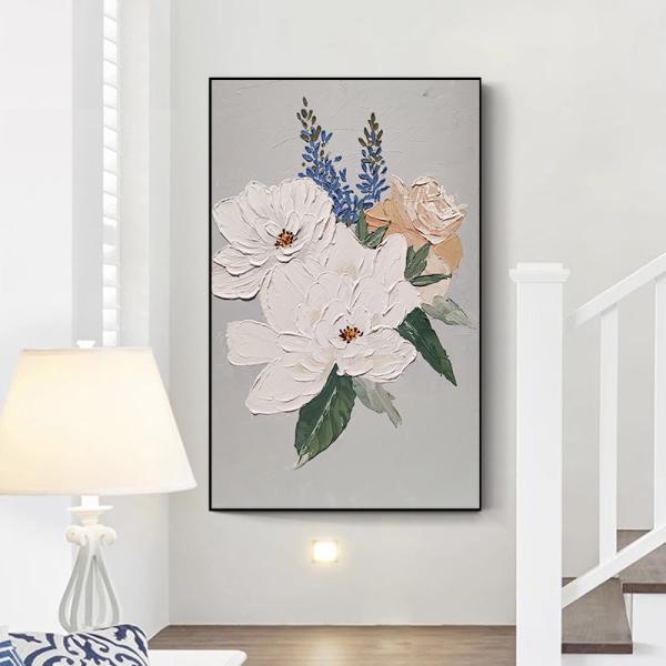 Hand Painted Modern Textured Canvas Oil Painting of White Flower for Living Room