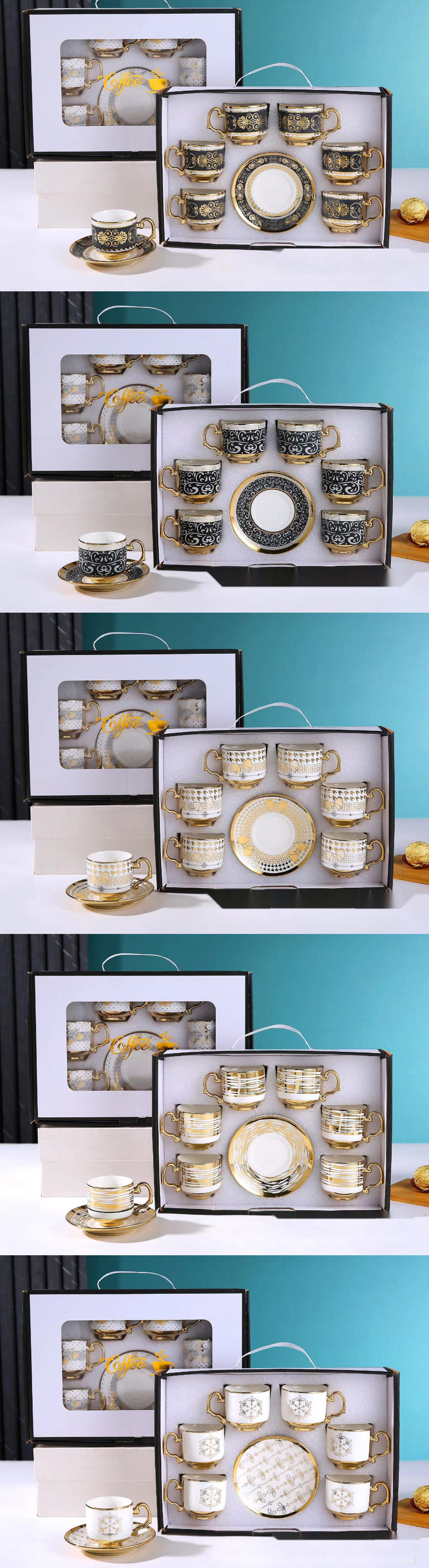 6-Piece Ceramic Tableware Set for Coffee Tea and Cappuccino in Luxury Bamboo Gift Box