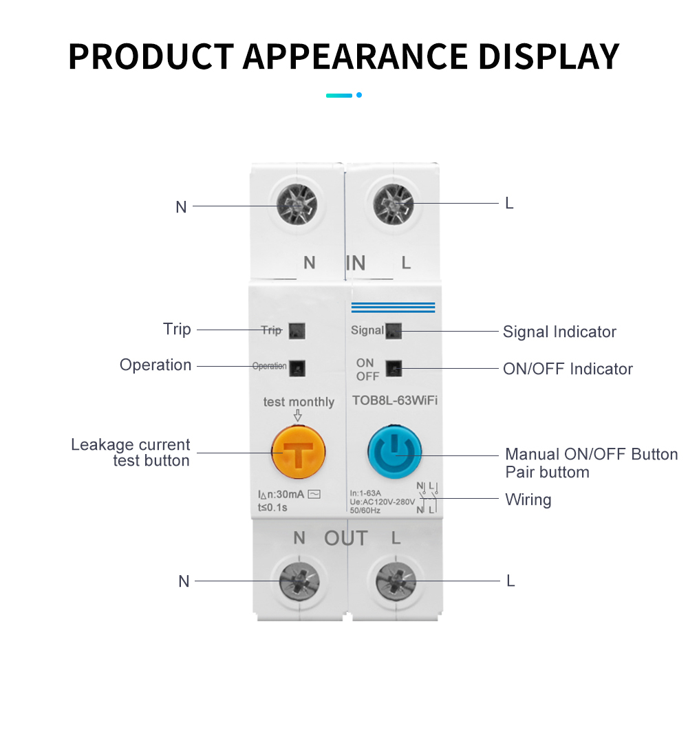 Intelligent WIFI Circuit Breaker with 2Poles 63A