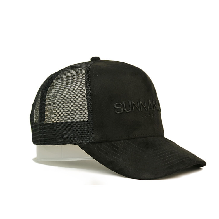 Black 5 Panel Suede Trucker Hats With Curved Brim Embroidery Logo