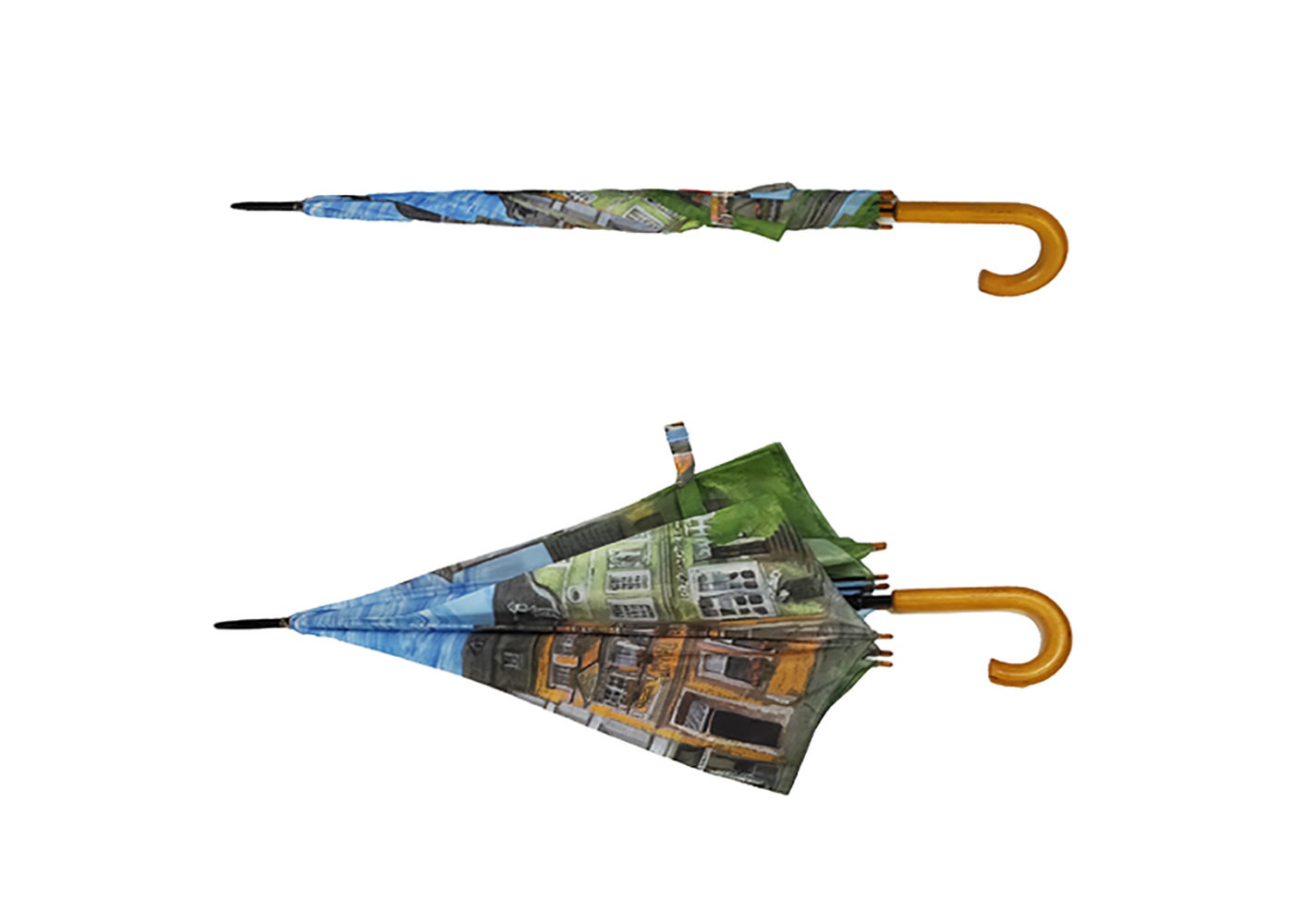 Customized Printed Auto Open Stick Umbrella Curved Handle Unique Canopy