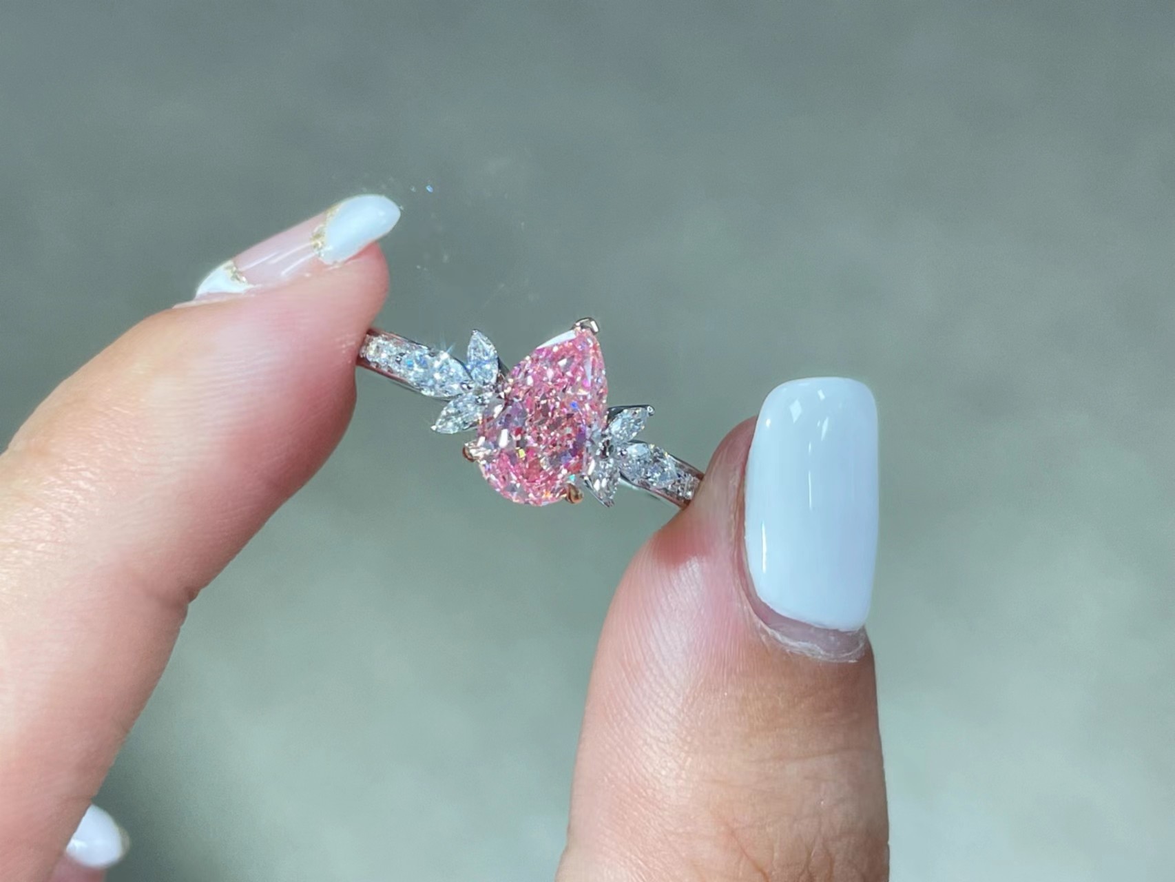 Pear Brilliant Cut Laboratory Fancy Pink Synthetic Diamond 1.7ct Main Stone 18K White Gold Set Engagement Ring