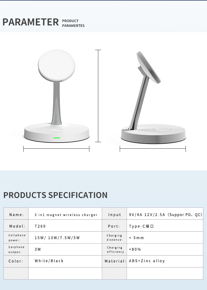 Zinc Alloy 3 In 1 Magnetic Wireless Charger Stand 15W Phone 3W Earphone Charging