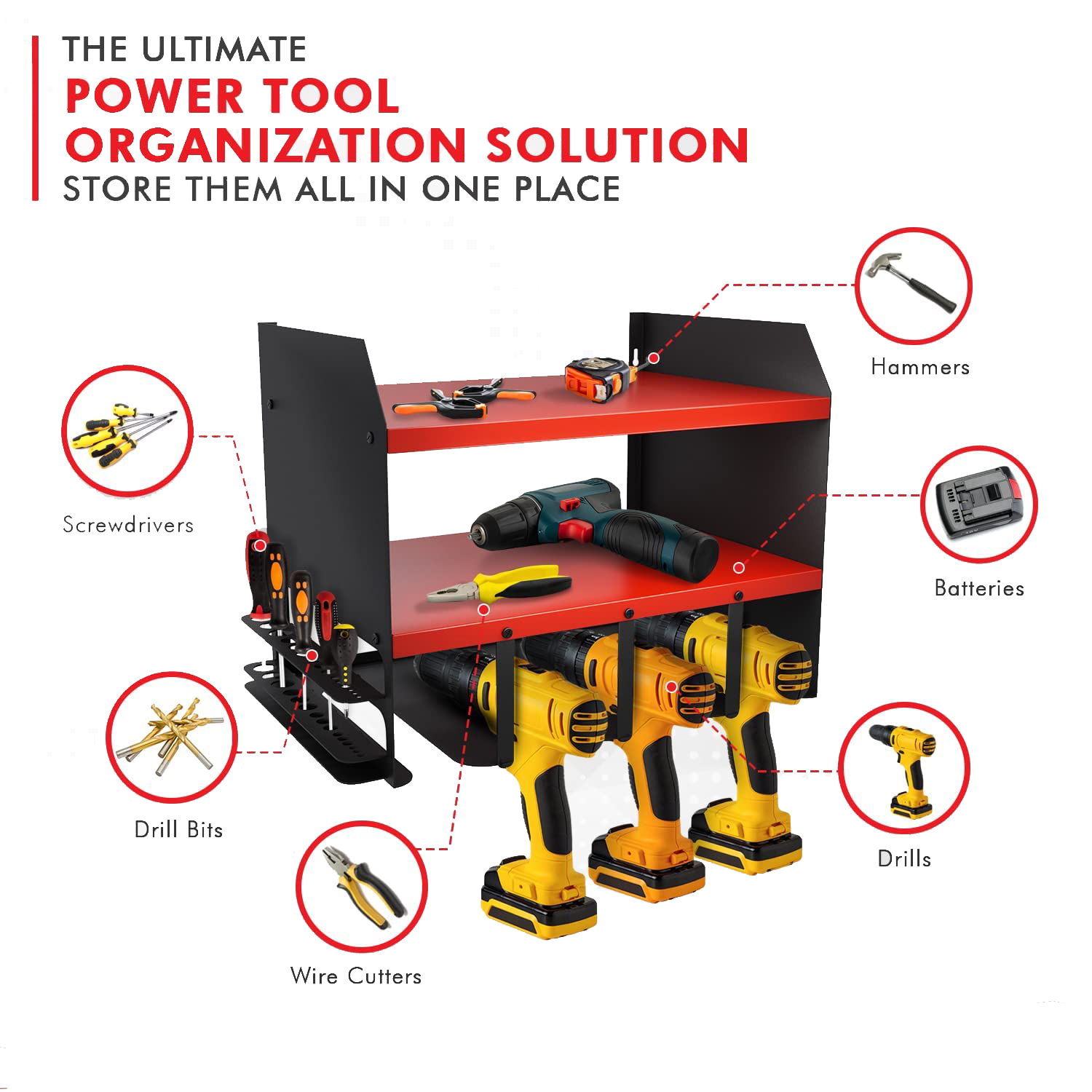 Garage Space Saving Carved Metal Power Tool Storage Racks 430*305*230mm Wall Mounted