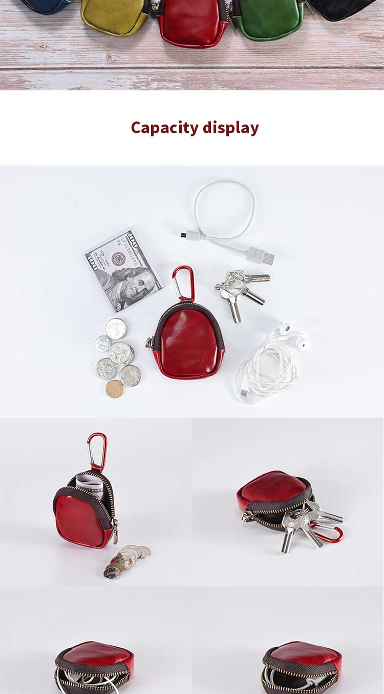 Unisex Daily Life Genuine Leather Mini Earphone Shell Keychain with Carabiner Hook
