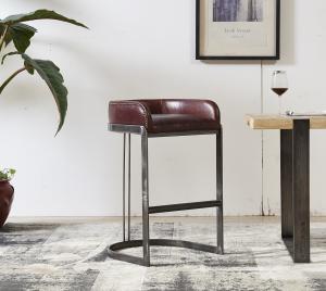 Quality Vintage Reddish Brown Leather Counter Height Stools Strong Iron Frame Old Finishing wholesale