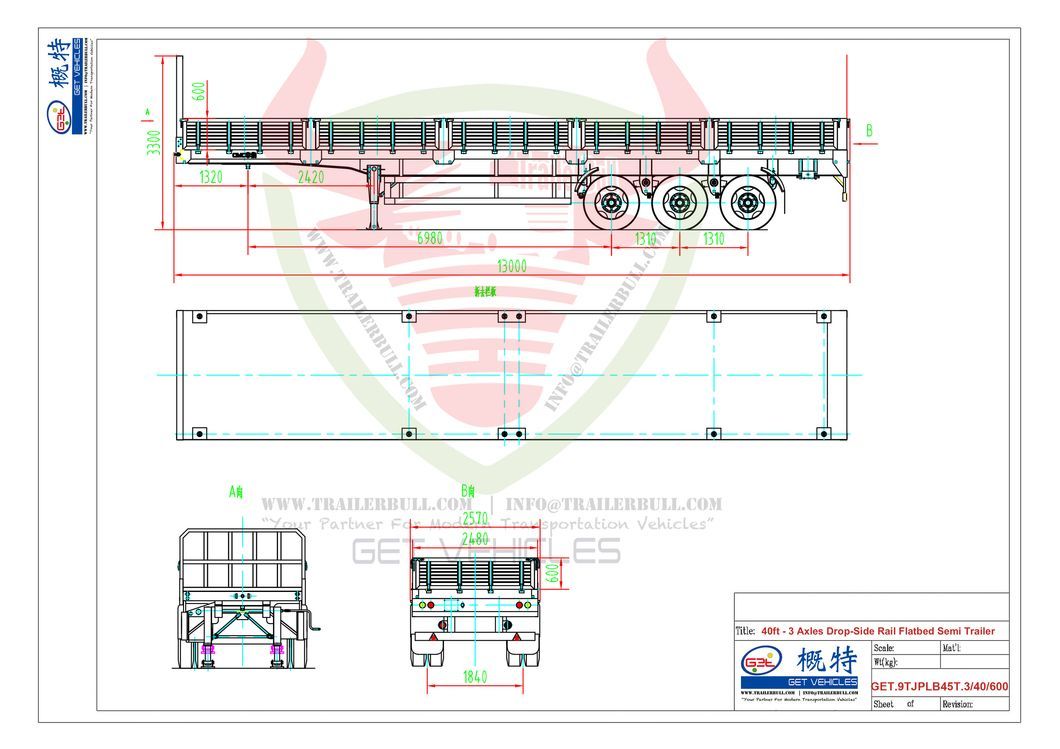 40FT Versatile and Reliable Drop Side Rail Wall Flatbed Semi-Trailer with 3 Axles for Efficient Heavy Cargo Transportation