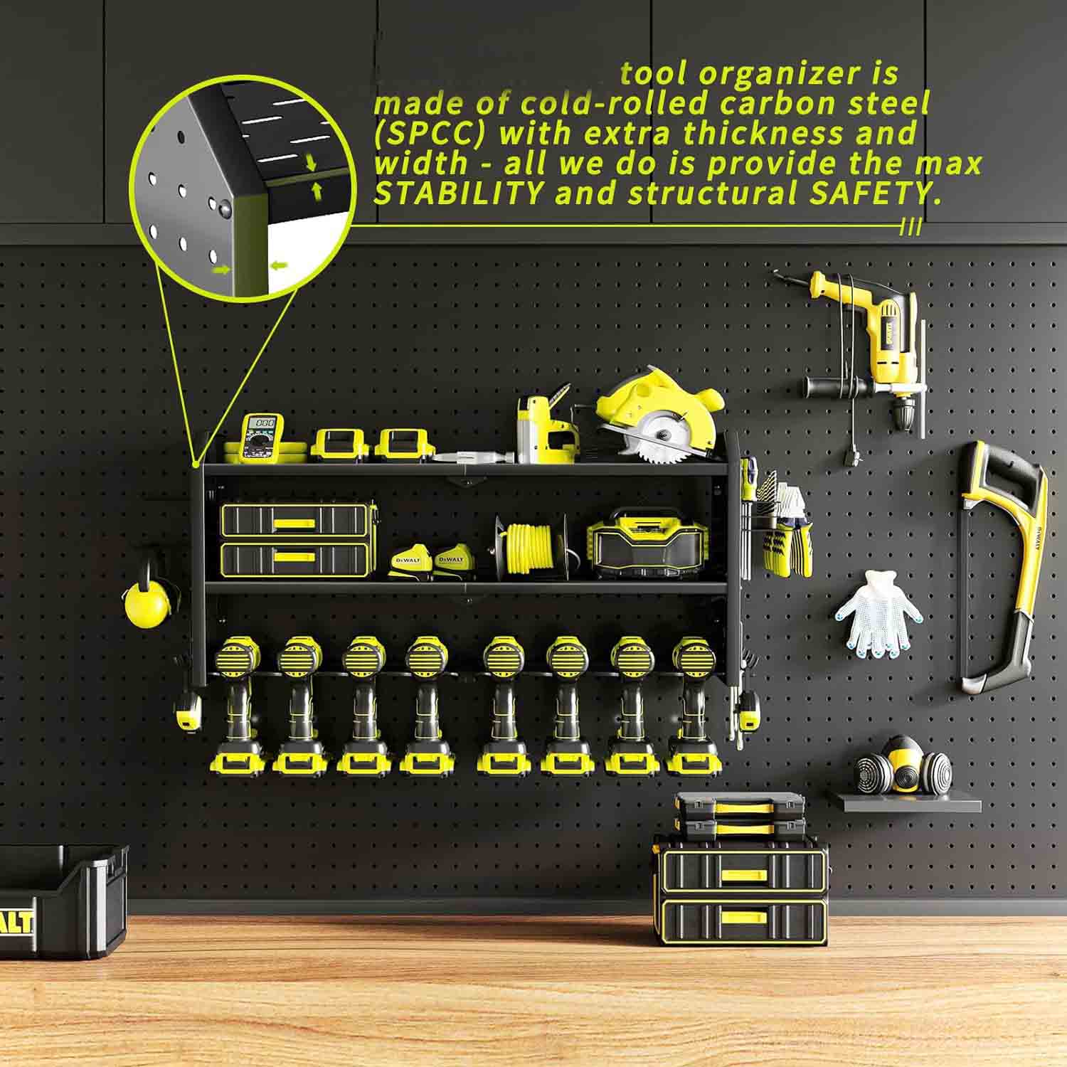 Large 8 Drill Holder Wall Mount with 2 Side Peg boards Storage Rack for Garage Organization,Utility Battery Shelves