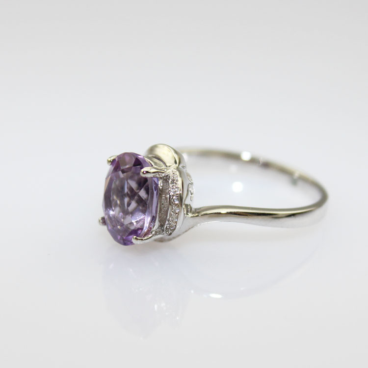 925 Silver Ring with 7x9mm Oval Amethyst Rhinestone-(F64)