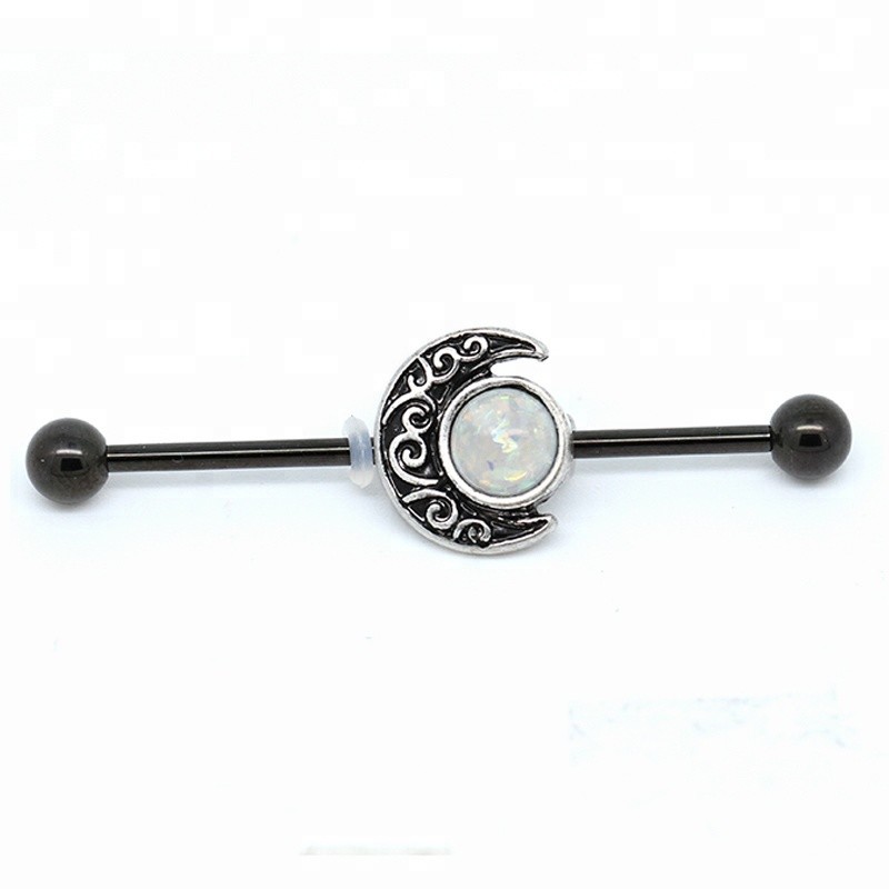 Black body piercing jewelry industrial slider with dichroic opal moon charm