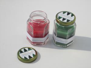 Quality 3x3&quot; Red &amp; Gree scented glass candle with metal lid and printed label, wrapping label wholesale