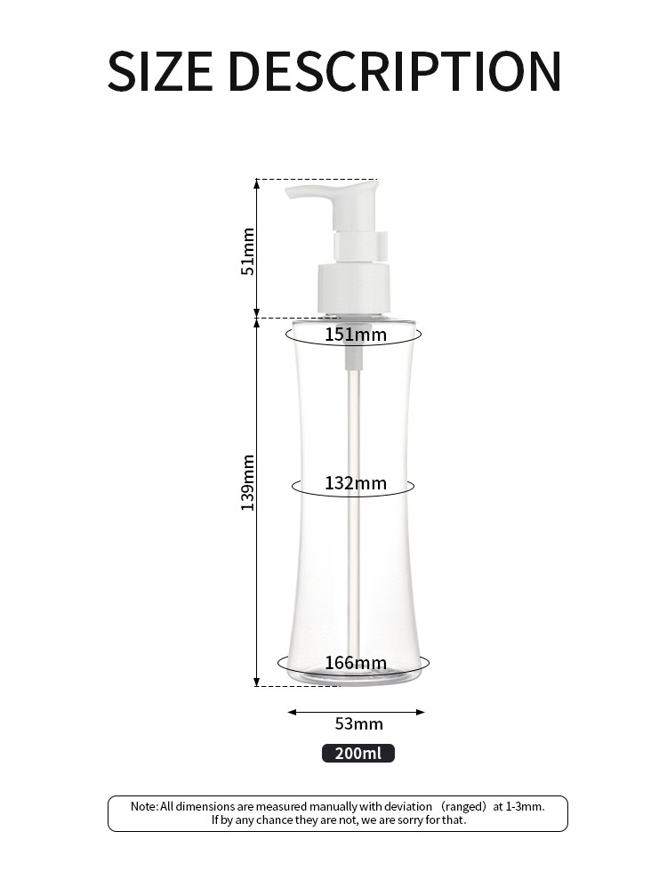 Transparent custom empty cosmetics plastics face cream body lotion 200ml pump bottle