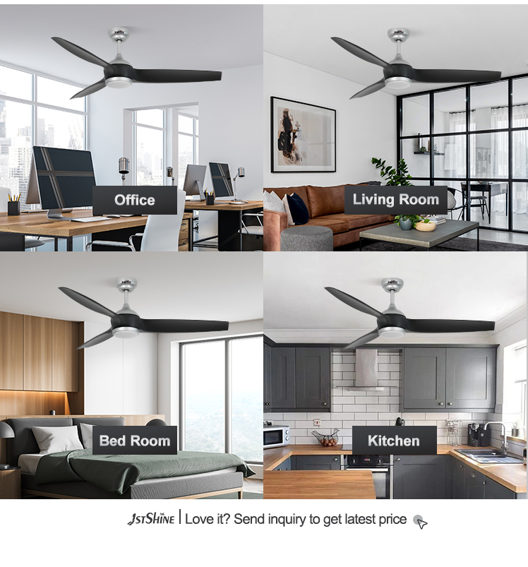 Modern 52 Inches Black ABS Blades High Air Volume Remote Ceiling Fan with LED Light Source