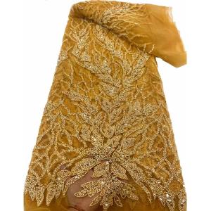 Quality European Fashion Milan Wedding Dress Lace Fabric Bridal Pearl Sequins Mesh Lace Gold Fashion Lace Beads Dress Fabric Wedding wholesale