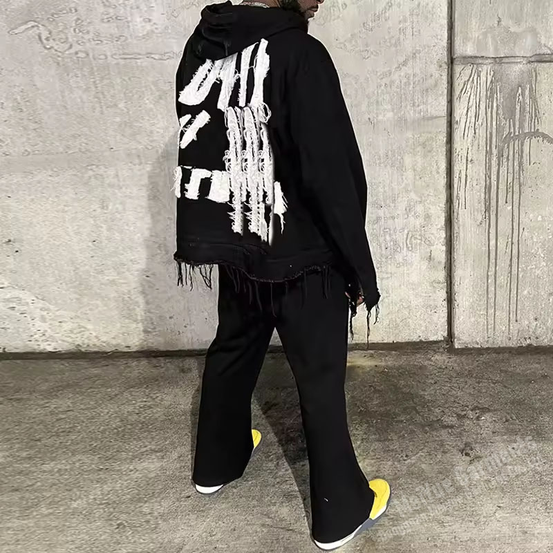 Custom Embroidered Patches Logo Jogging 2 Piece Set Heavyweight Streetwear Distressed Hoodie Sweat Pant Blank Tracksuit for Men