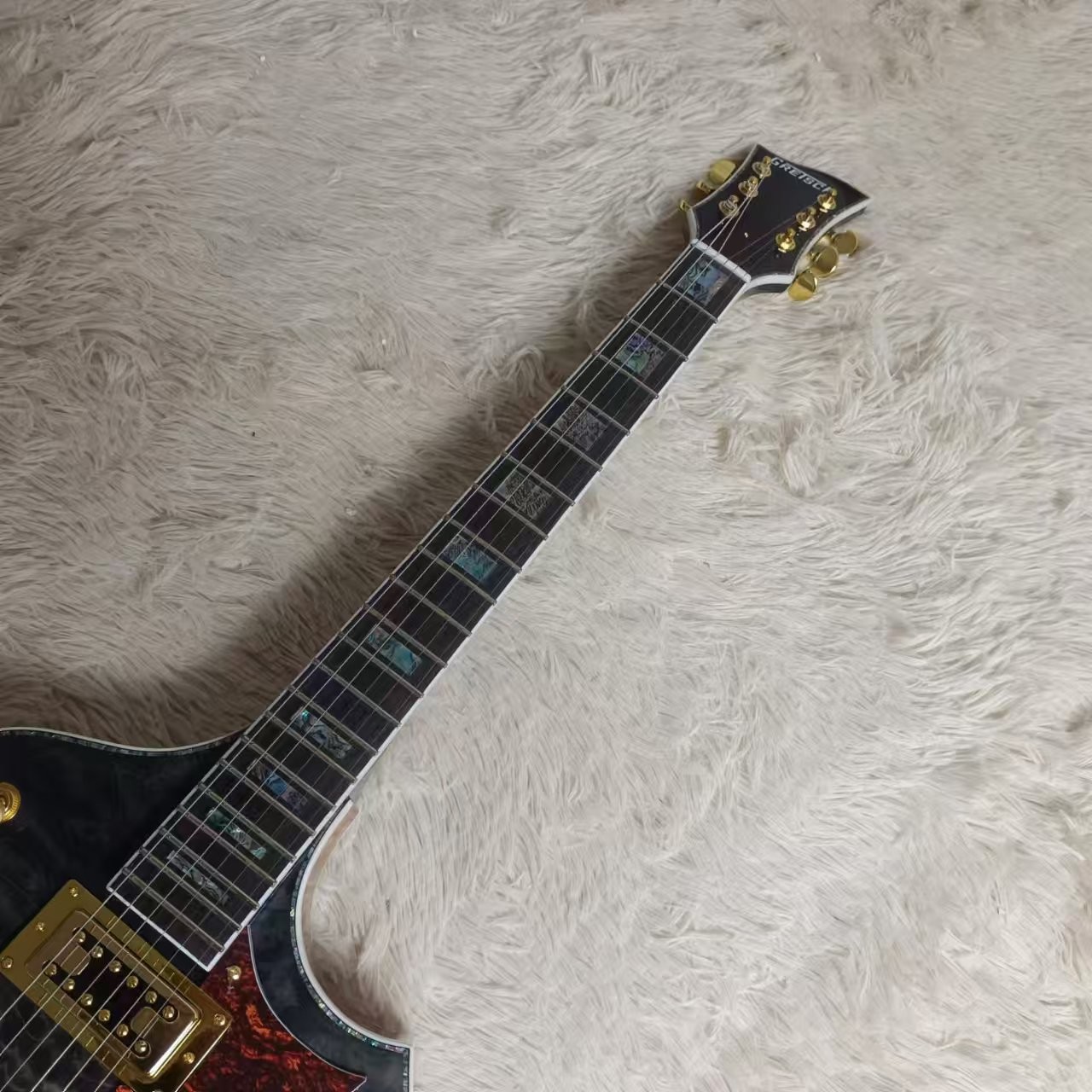 Custom f hole hollow body irregular body Gretsch style electric guitar with bigs bys trem in transparent black, accept guitar and bass OEM