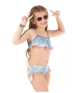 Quality Girls Washed Denim Ruffled Crop Top Bikini - Pompom wholesale