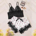 2 Pieces Sweet Heart Print Sexy Underwear Lace Short Sleeve Satin Sexy Lingerie