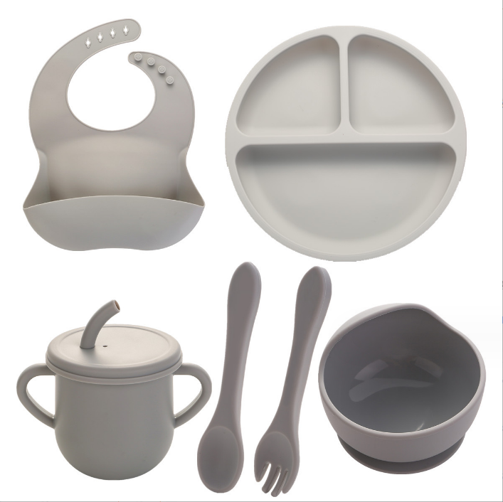 None Design Style Silicone Feeding Set Full Dinner Plate Bowl Cup Spoon Fork Spork for Infants