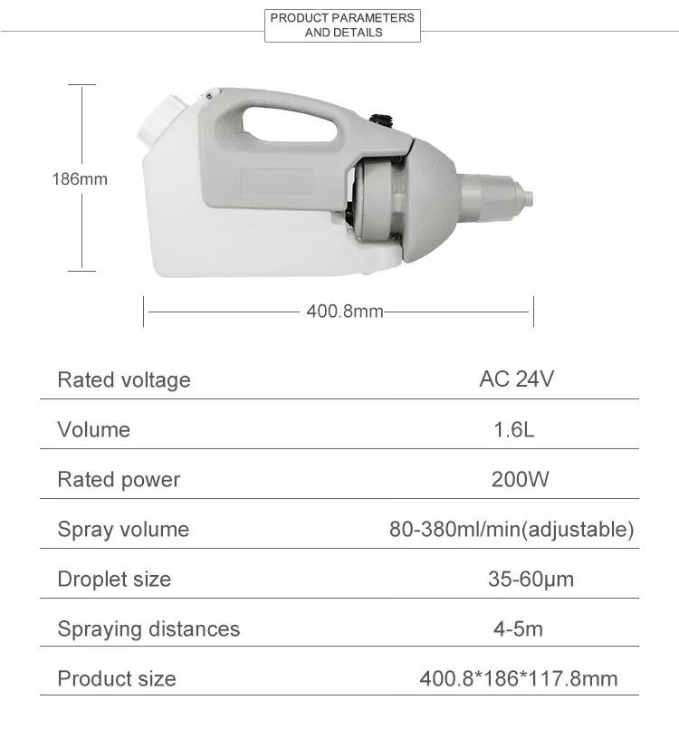 DC 24V Portable Disinfecting Battery ULV Cold Fogger 1.6L Agriculture Machine Sprayer