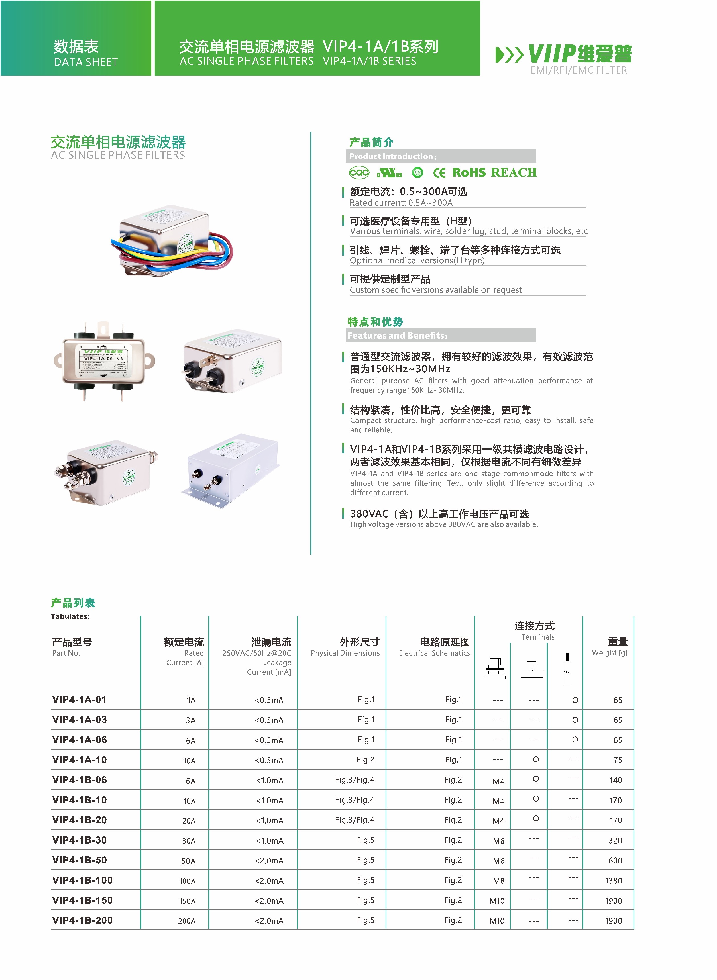 VIIP AC Single Phase RFI Line Filter For Radio 1450VDC 50/60HZ