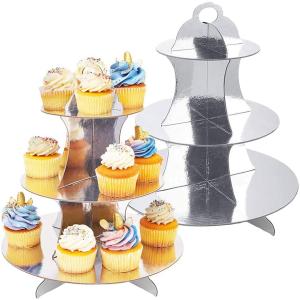 Quality 3 Tier Silver Dessert Round Tower Cardboard Cupcake Stand wholesale