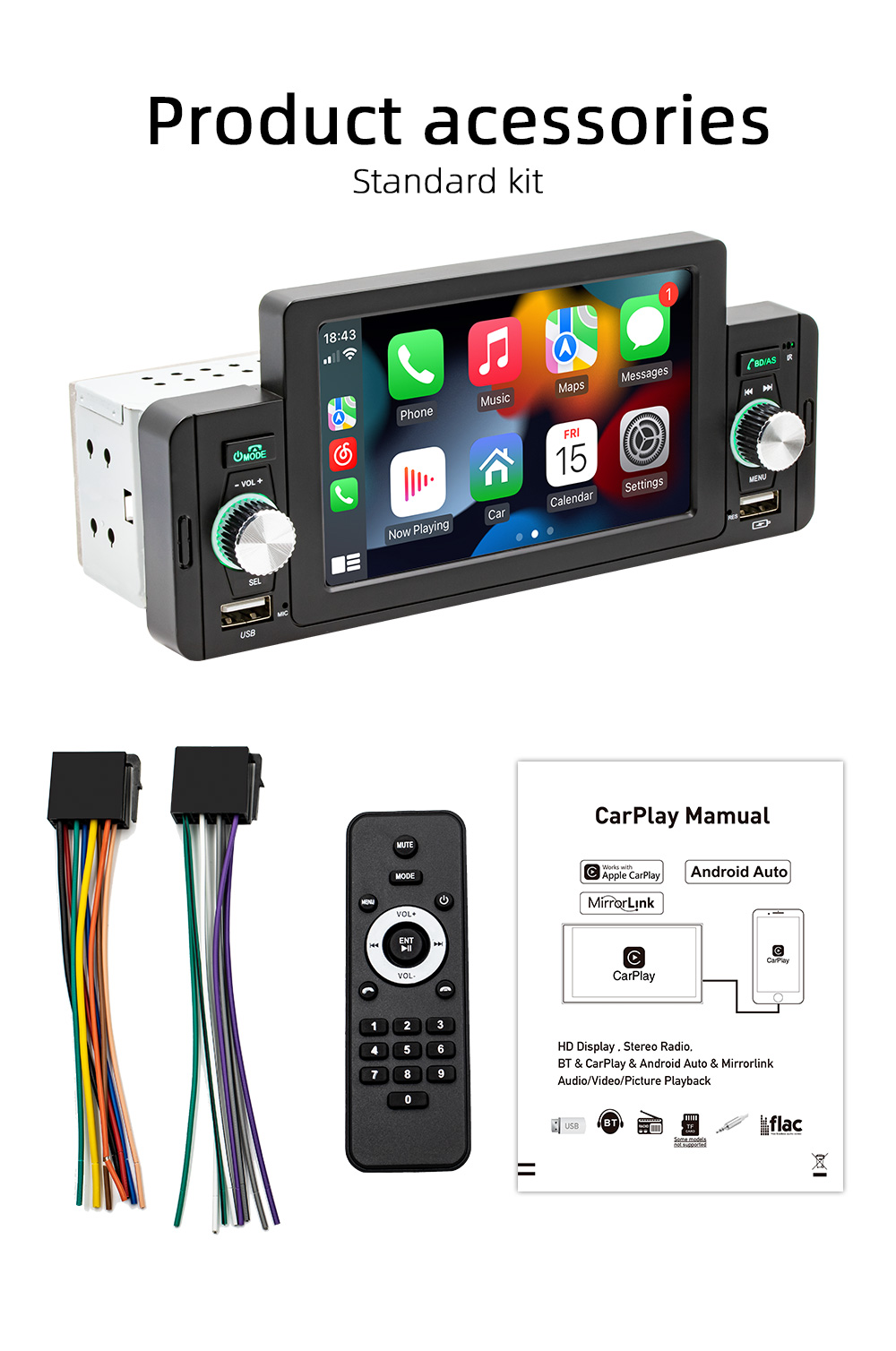 Universal 1 Din Car Mp5 Player 5 Inch BT5.1 Car Audio Stereo Wireless Carplay
