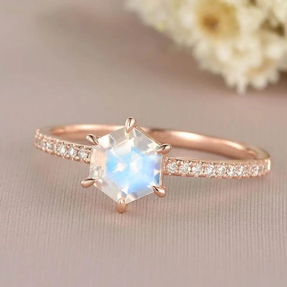 Rose Gold Hexagon Shaped Wedding Jewelry Moonstone Engagement Ring