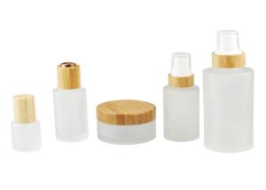 Quality Frost Glass Empty Lotion Jars , Nail Polish Cosmetic Glass Bottles With Bamboo Cap Lid wholesale