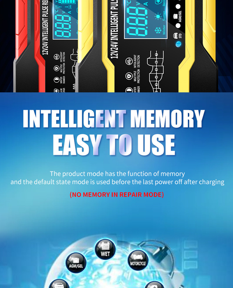 600W Intelligent Pulse Repair Battery Charger 12V 24V For Motorcycle