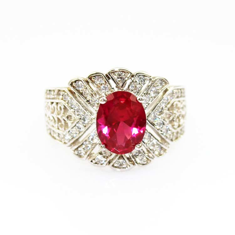 Solid 925 Silver Ring with 7x9mm Oval Created Amethyst Cubic Zirconia(JY037)