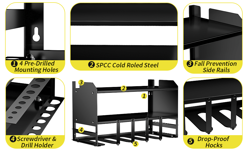 Logo Shape Pegboard Power Tool Organizer with 5 Drill Slots and Screwdriver Holder