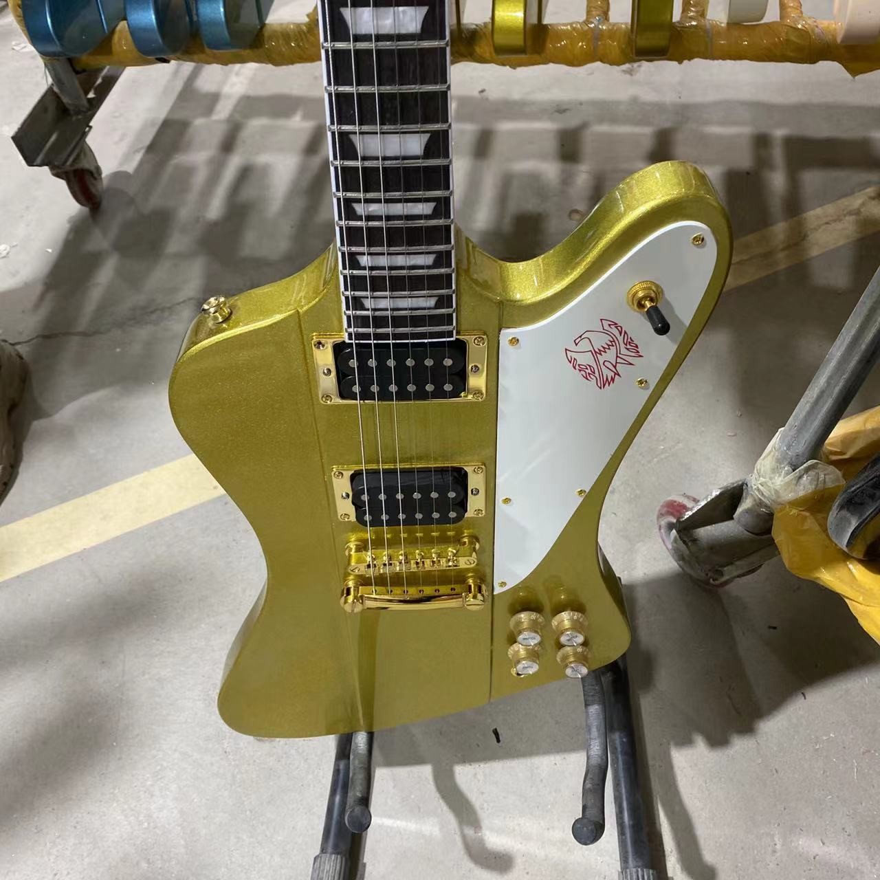 Custom Grand Firebird Style Electric Guitar in Golden Color with Gold Hardware Mahogany Body Rosewood Fingerboard