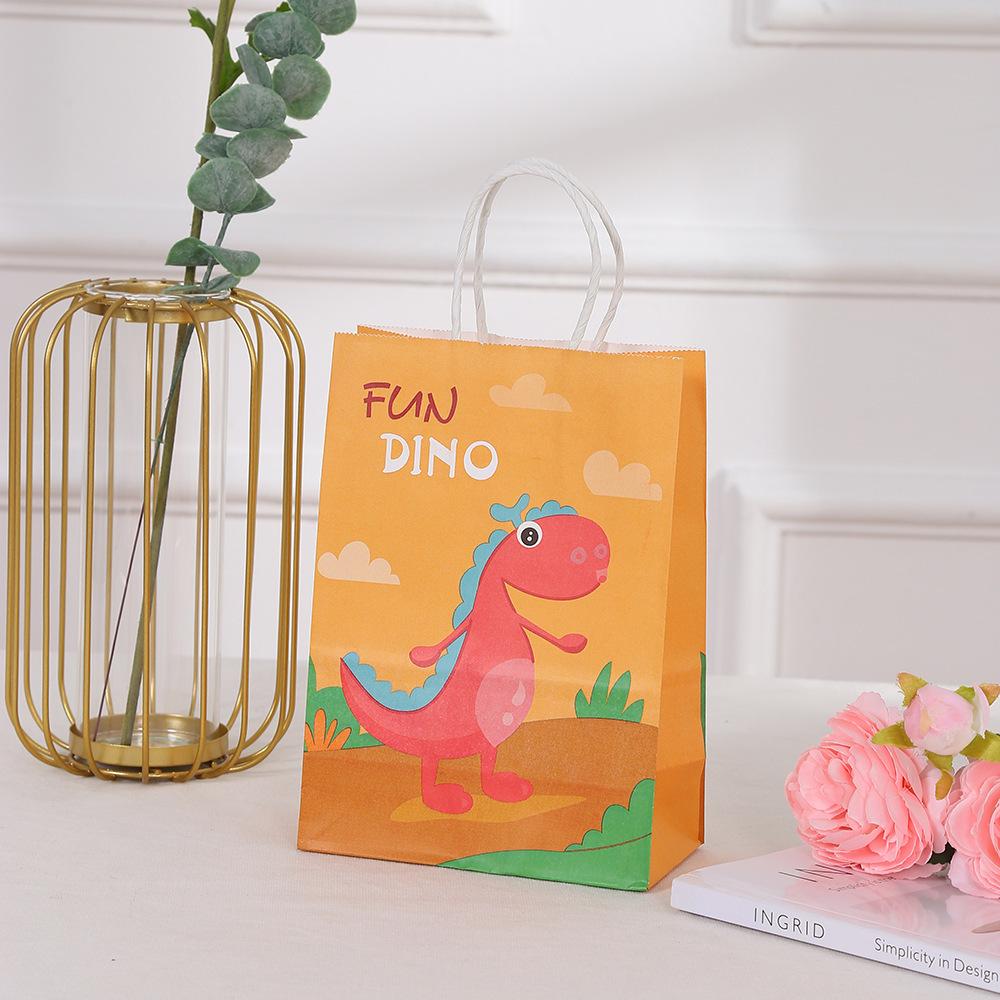 Brown Kraft Paper Dinosaur Hand Printed Cartoon Shopping Bag for Clothing in Shopping Mall