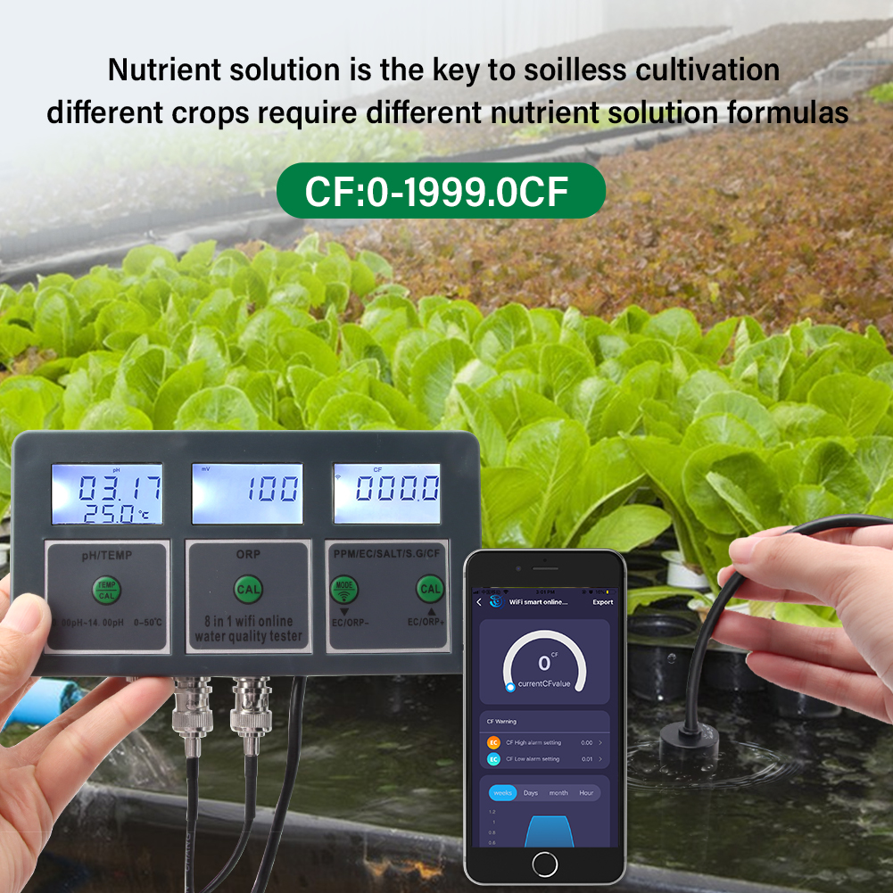 Lab Pool Water Tester Tuya WiFi 8 in 1 Digital PH/TEMP/ORP/PPM/EC/SALT/S.G/CF Testing