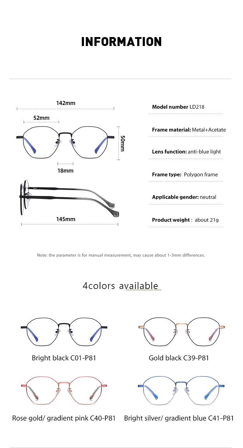 145 Millimeter Acetate Metal Glasses Frame Computer Blue Light Blocking