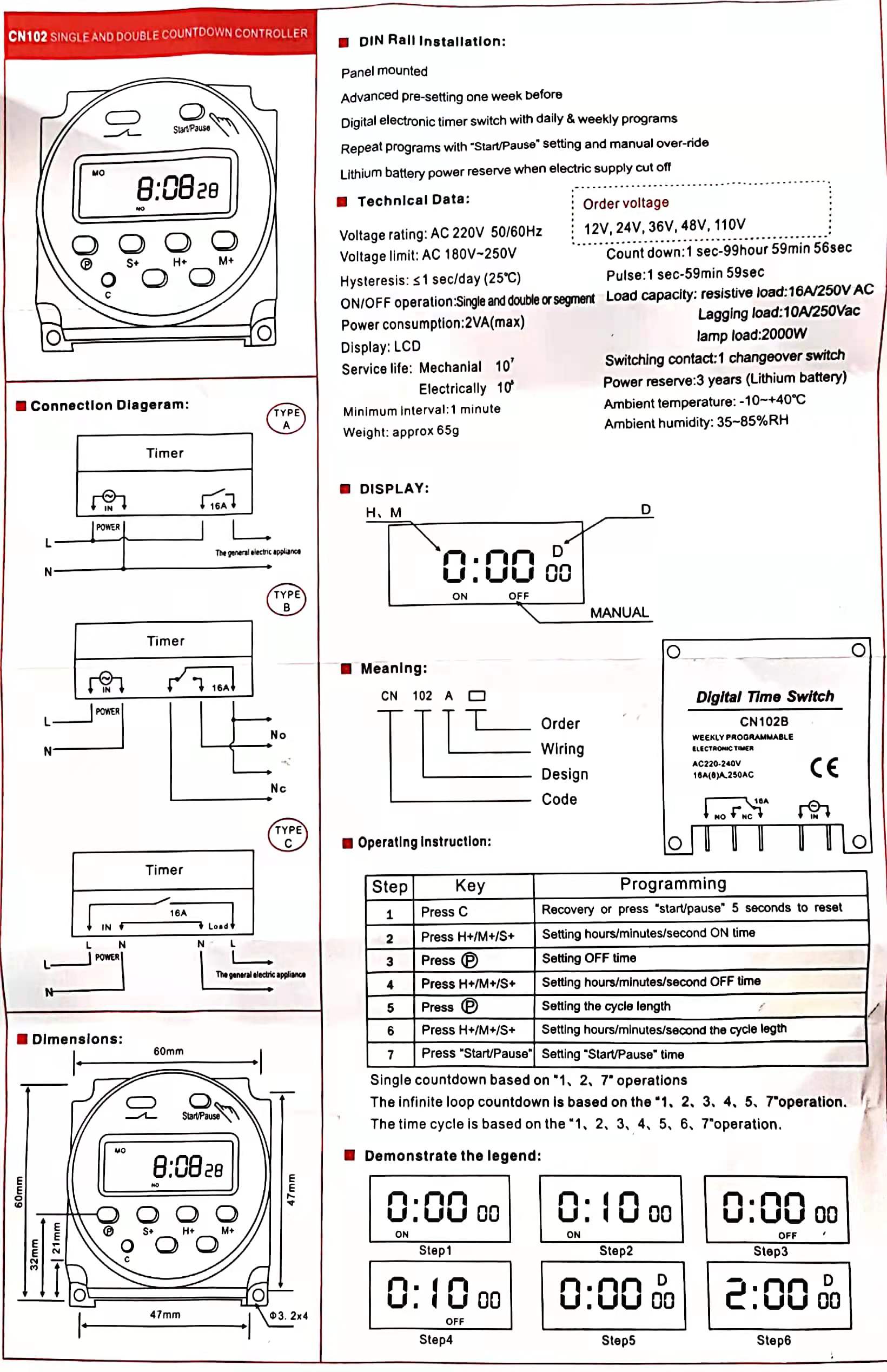 16A Digital Time Switch CN102B DC/AC 24H/7D Programmable Timer