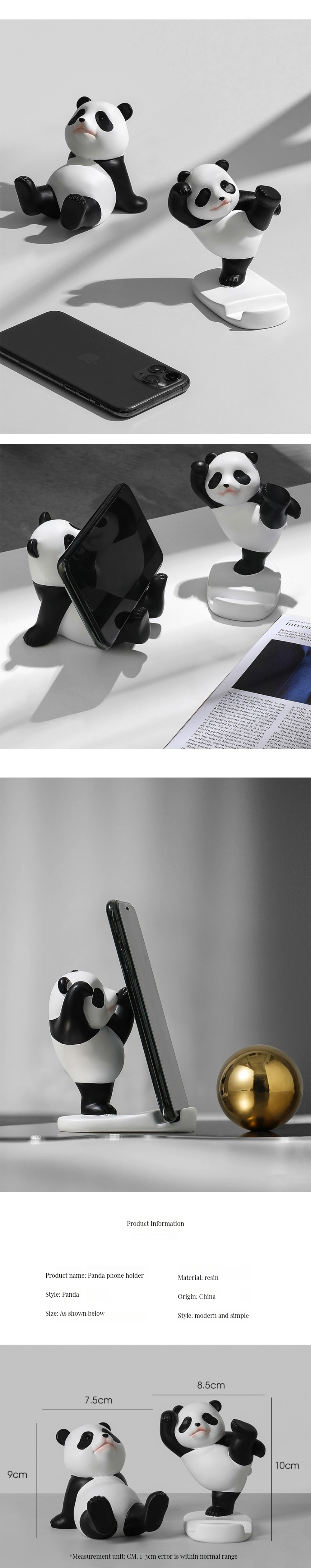 Panda Design Bamboo Phone and Tablet Stand for Wall or Desk Adjustable Resin Material