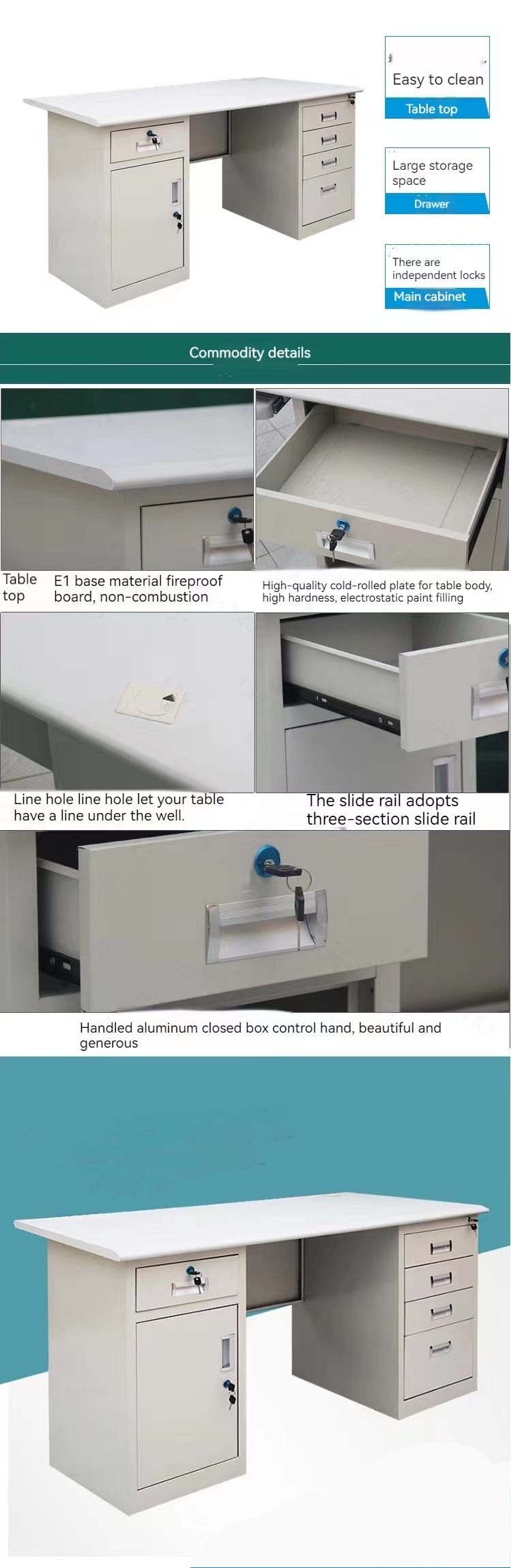 ISO9001/ISO14001 Certified Modern Stainless Steel Computer Desk with Lockable Drawer