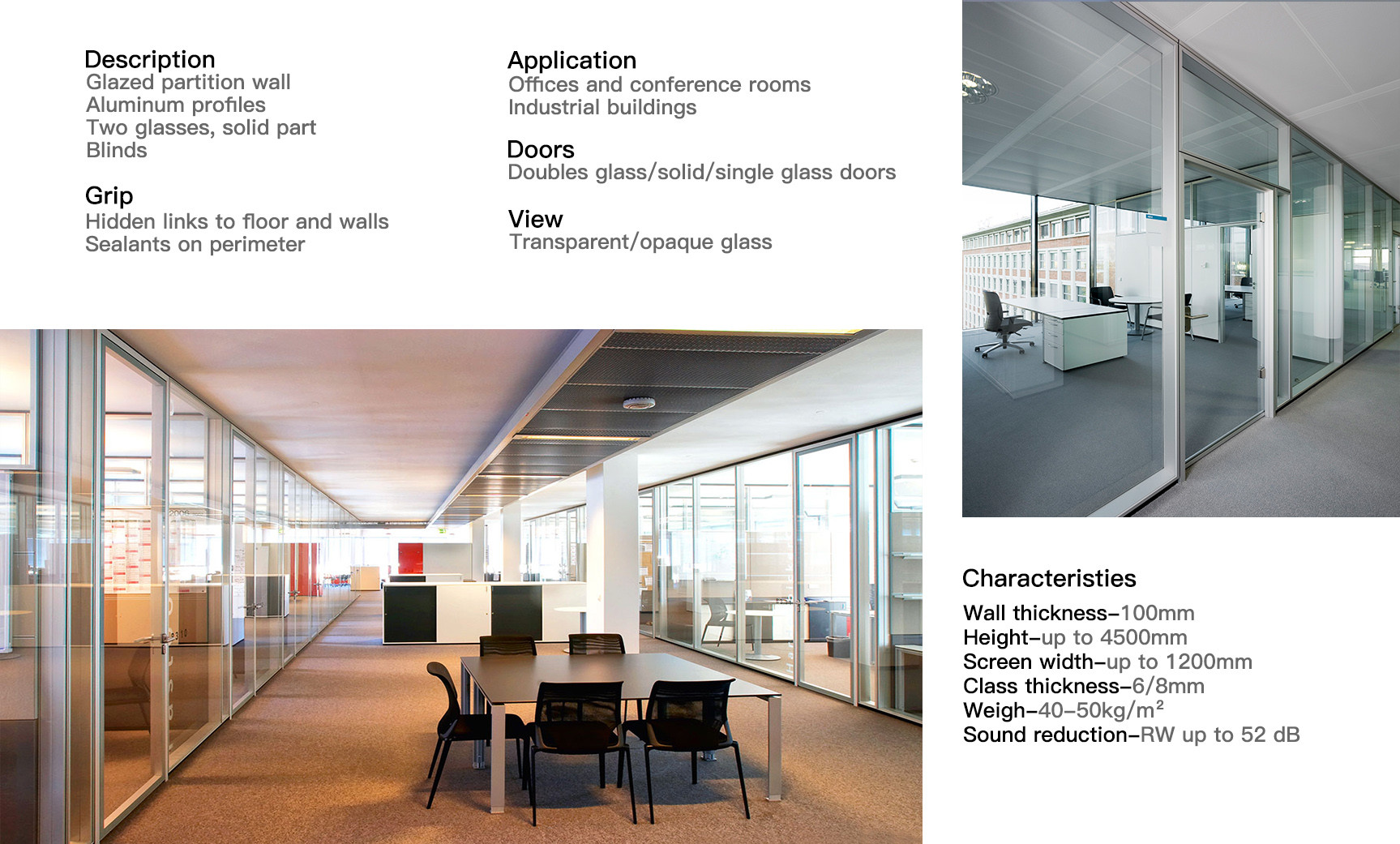 Sound Proof Glass Partition Wall , Frameless Glass Office Walls 108mm 90mm Thickness