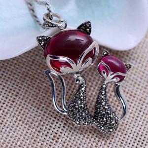 Quality Women Sterling Silver Marcasite Synthetic Ruby Double Fox Retro Necklace(XH057430) wholesale