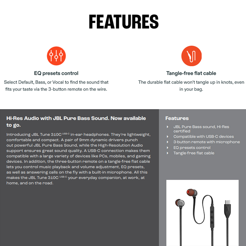 J-B-L TUNE 10C USB-C Wired Hi-Res In-Ear Headphones -Free Flat Cable 3-Button Remote With Microphone Type-C Earphone NO